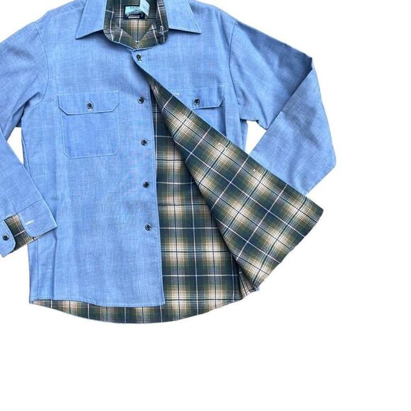 VINTAGE FIELDMASTER Perma-Prest Men’s Blue Chambray Flannel Button Up Size M - Picture 3 of 7